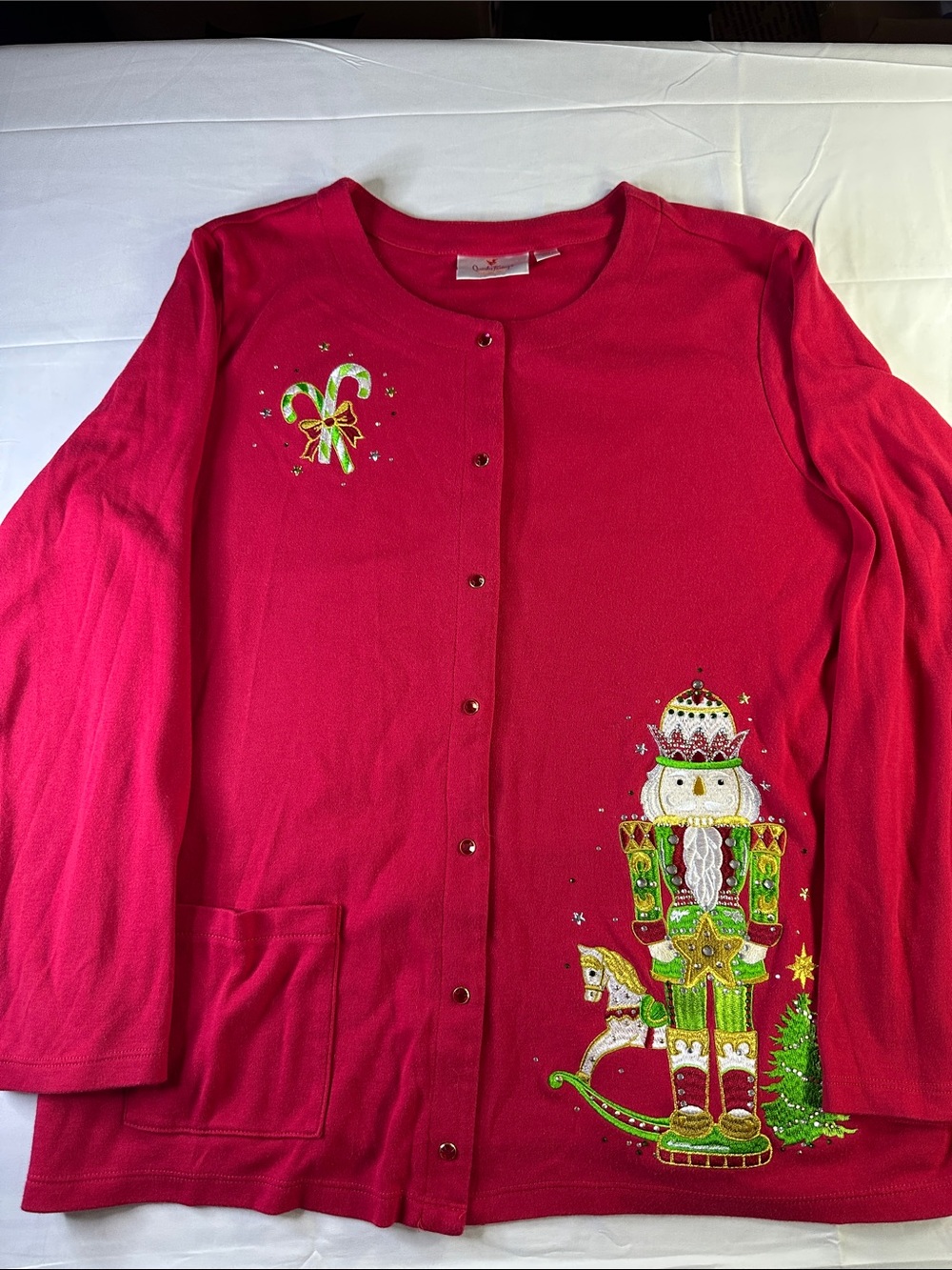 Quacker Factory Red Nutcracker Embellished Cardigan Sweater